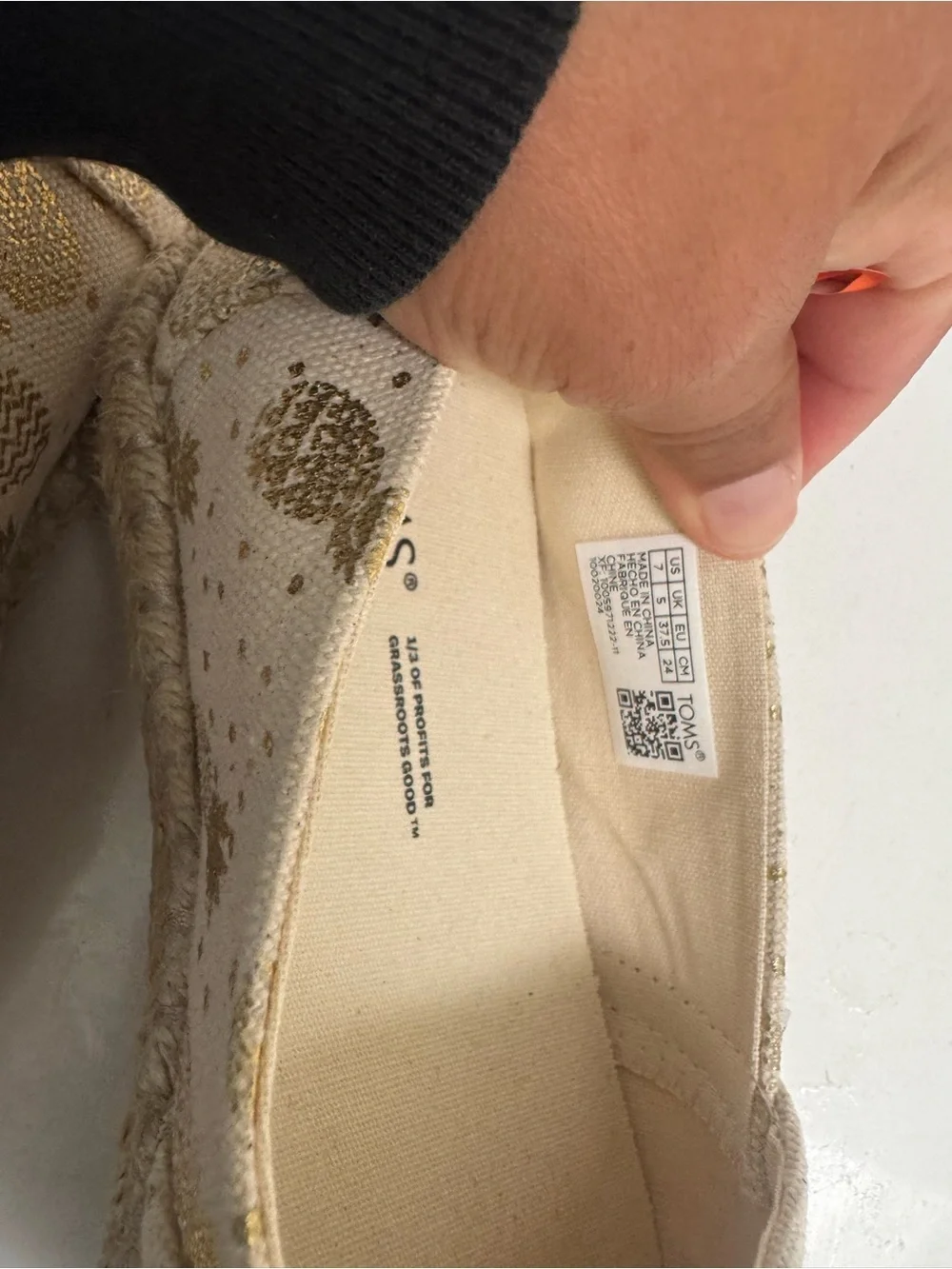 TOMS Cream Espadrille Slip-Ons with Metallic Gold Pineapple Motif